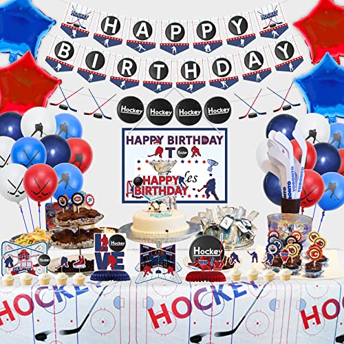 Hockey Party Decorations, Includes Ice Hockey Happy Birthday Banners Garland, Hockey Pattern Tablecloth, Table Centerpieces, Cake Toppers, Hockey Balloons For Kids Birthday Party Hockey Sports Party #TOP4