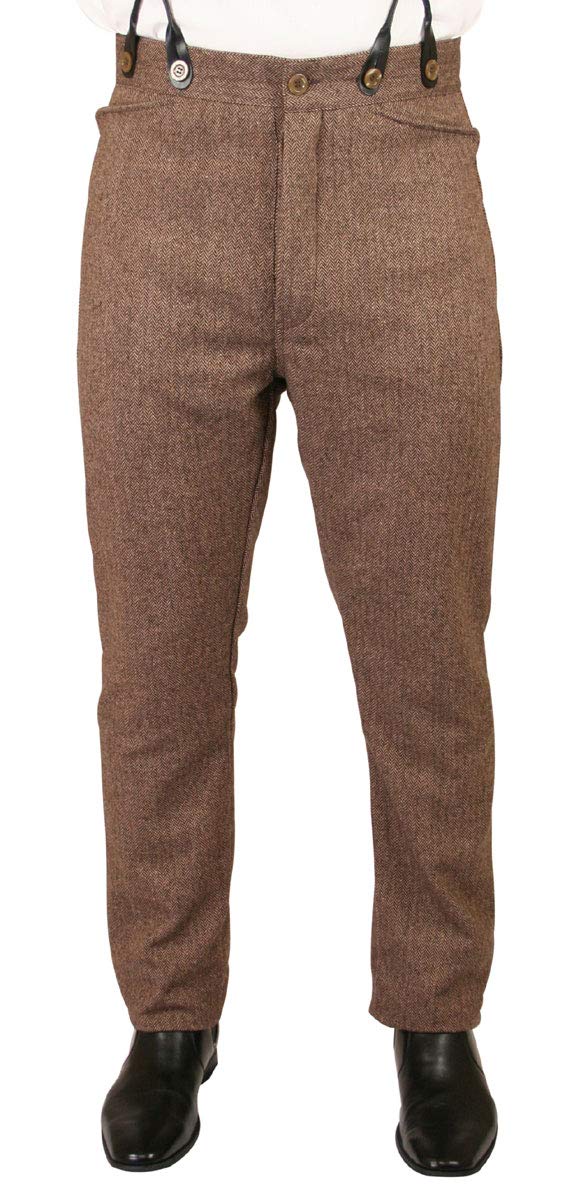 Historical Emporium Mens High Waist Herringbone Tweed Trousers Victorian Western Pants with Suspender Buttons