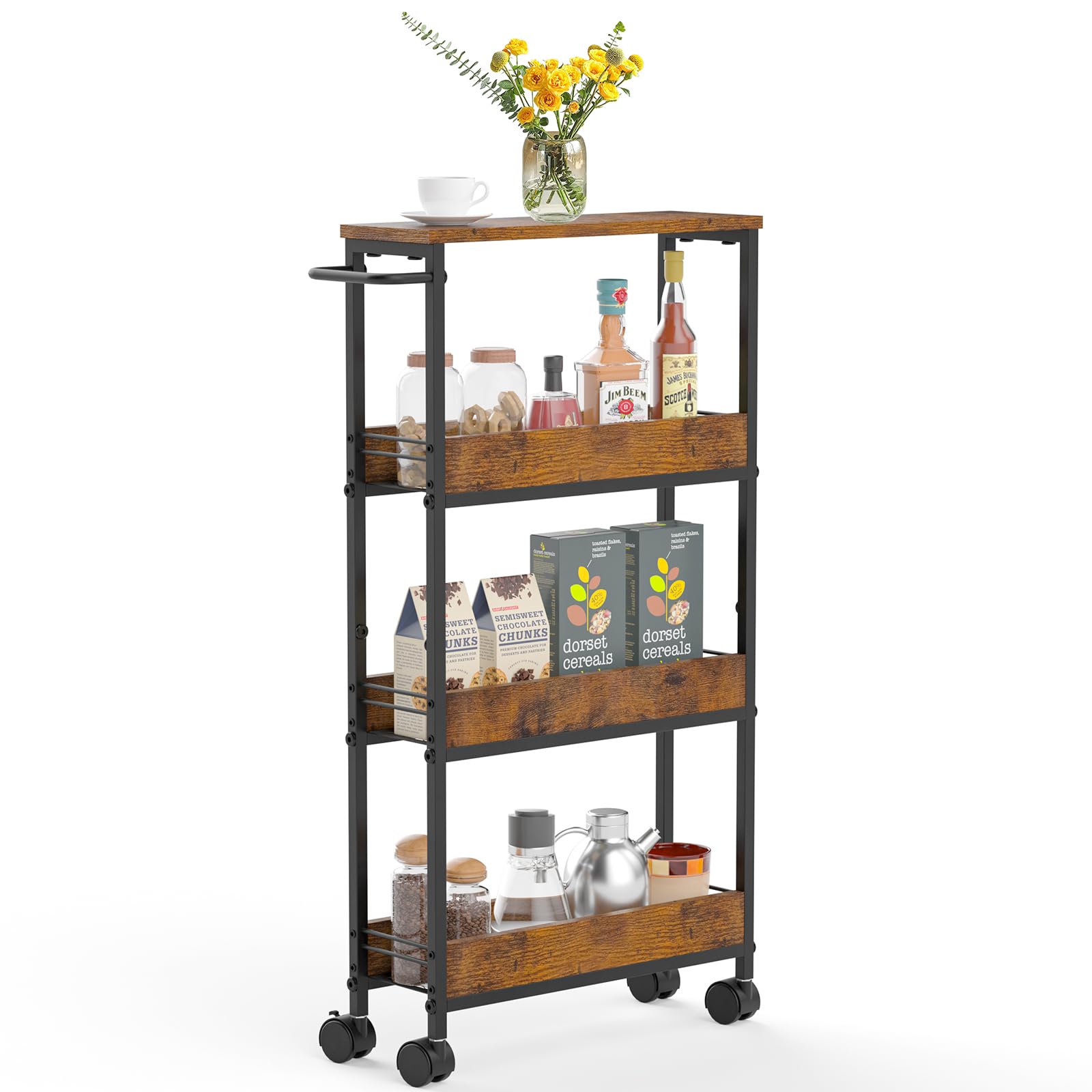 IBUYKE Slanke rollende kar, 4-laags metalen keukenopbergwagen, trolley op wielen voor smalle ruimte, met handvat en houten tafelblad, voor keuken, eetkamer, wasruimte, natuurlijke TMJ065R IBUYKE Slanke rollende kar, 4-laags metalen keukenopbergwagen, trolley op wielen voor smalle ruimte, met handvat en houten tafelblad, voor keuken, eetkamer, wasruimte, natuurlijke TMJ065R