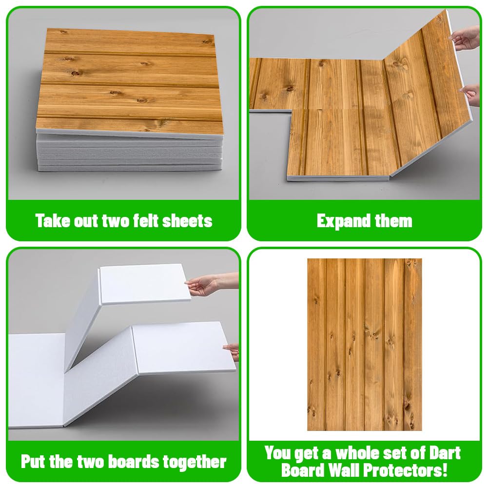 Cible de fléchettes - Protection murale et isolation acoustique - 6 plaques de feutre autocollantes en grain de bois (30 x 30 cm) comme planche surround pour cible de fléchettes, anneau de protection - 4
