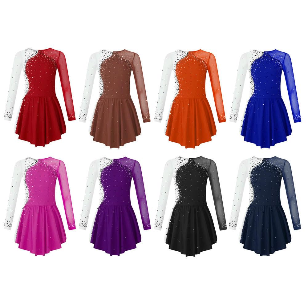 QXDZSW - Vestido de patinaje artístico para niñas, manga larga, con diamantes de imitación, vestido de gimnasia, leotardo, ballet, danza, actuación