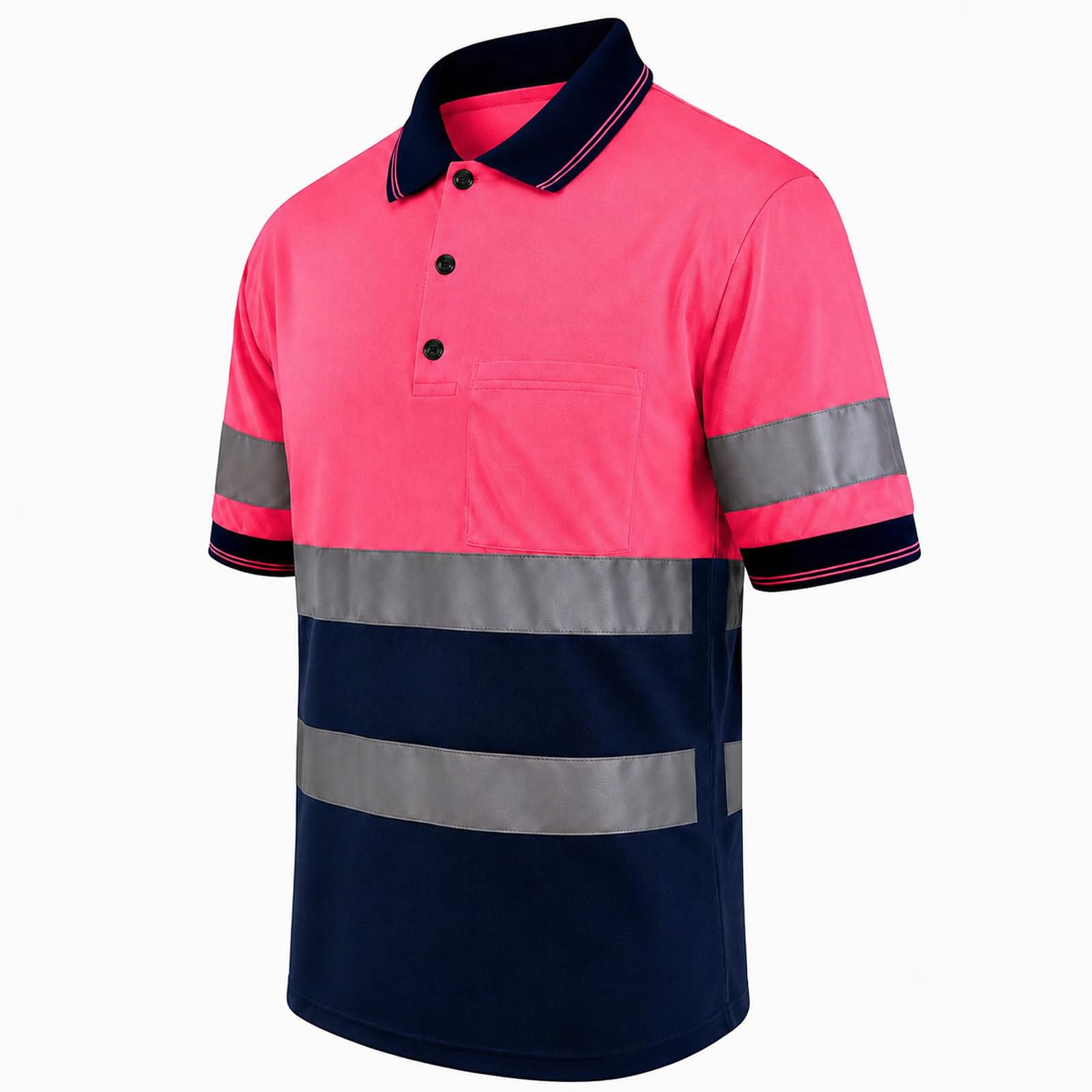 SMASYS Polo de seguridad, construcción reflectante, ropa de trabajo de alta visibilidad, camisetas con bolsillos para mujeres y hombres, rosa- azul marino, 5XL