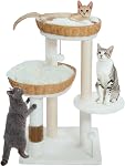 Made4Pets Arbre de chat pour grands chats adultes avec 2 Grand lit de chat en rotin tissé à la main, Tour de chat avec 2 Postes de scratching de chat sisal / 2 Coussins mous/Auto-Groomère / 2 Balles pour l'intérieur Cats-81cm/32