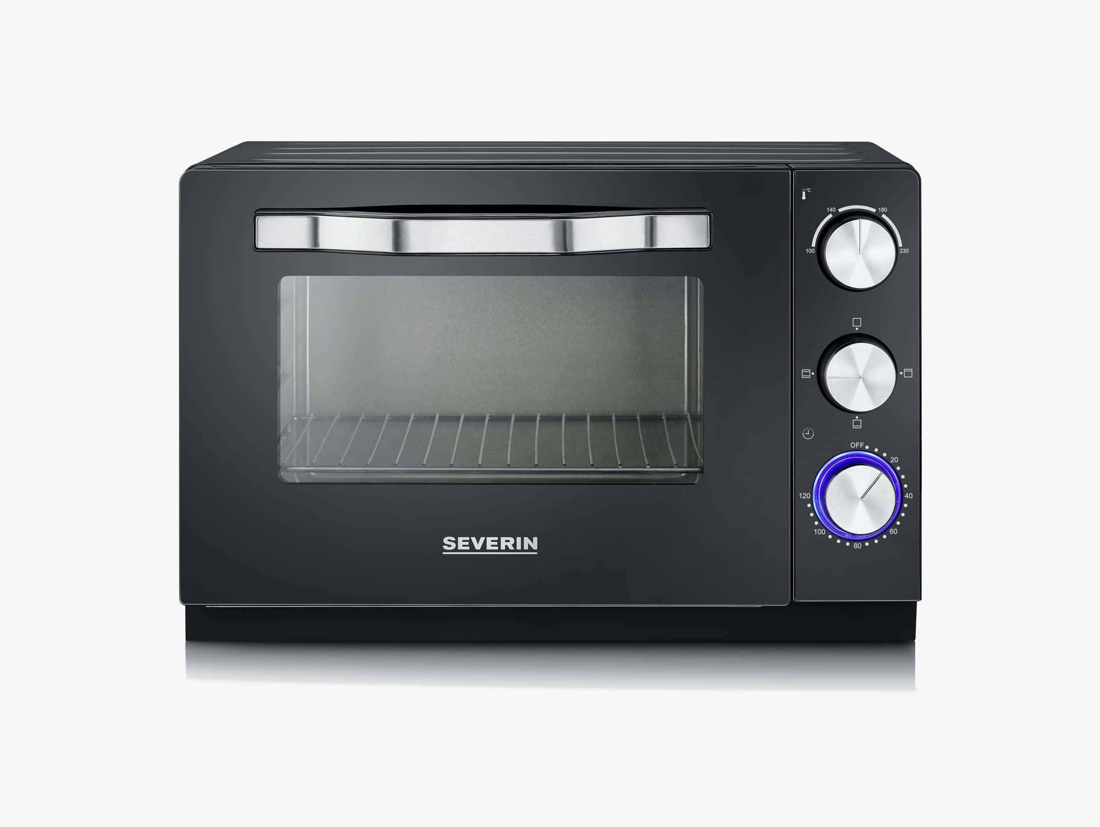 SEVERIN Back- und Toastofen mit Umluftfunktion, Mini Backofen mit Grillrost, Backblech und Krümelblech, bis zu 230 Grad, vielseitiger Toastofen mit 20 L Kapazität, 1.380 W, schwarz, Edelstahl, TO 2070
