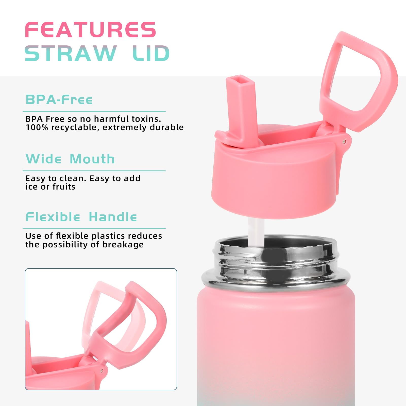 Volhoply 410ml 14oz Water Bottle with Straw Lid and Silicone Boot Bulk 2 Pack,Stainless Steel Insulated Tumbler for Boys & Girls Multipack,Double Wall Vacuum Leakproof Kids Bottles(Mix,2) - Image 4