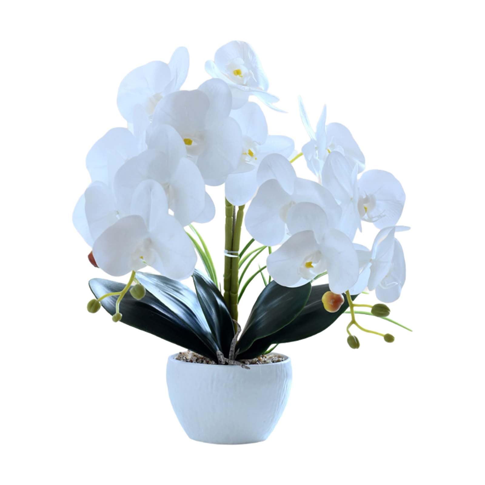Anynoch Purple Two-pronged 14 Flowers Artificial Orchid in Plastic Pot, 3D Printed White Fake Phalaenopsis Decor for Kitchen Bathroom Home Office Wedding (white)