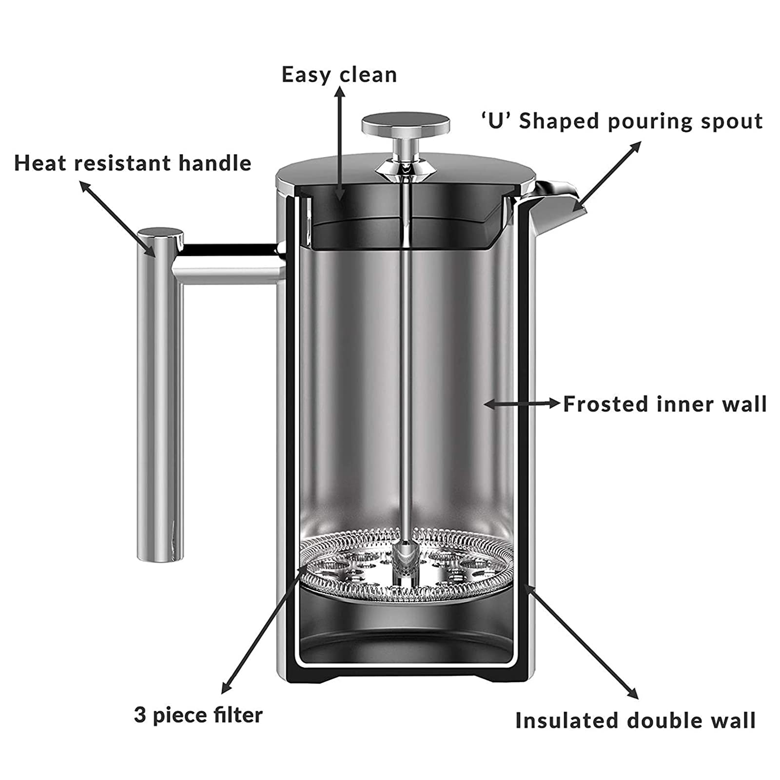 Zaparzacz do kawy French Press Cafetiere, prasa do kawy ze stali nierdzewnej, filtry/łyżki pomiarowe / klips do torby, izolacja z podwójnymi ściankami, zestaw do zaparzania kawy, 350 ml