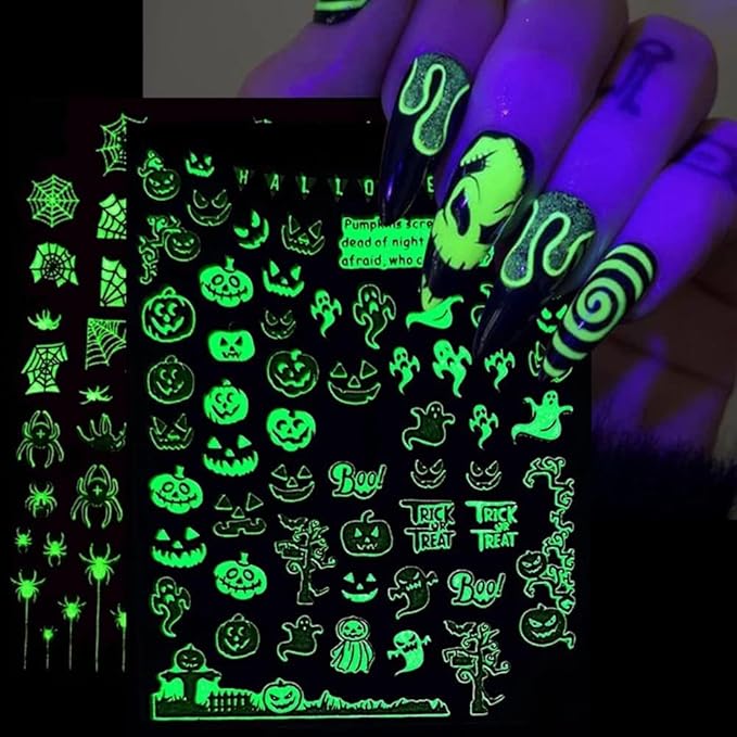 6 Sheets Halloween Nail Art Stickers Glow in Dark Nail Decals Skull Head, Bat, Spider Web, Cat, Alien Design Nail Stickers Luminous 3D Self Adhesive Decals Halloween Nail Decorations for Women Kids