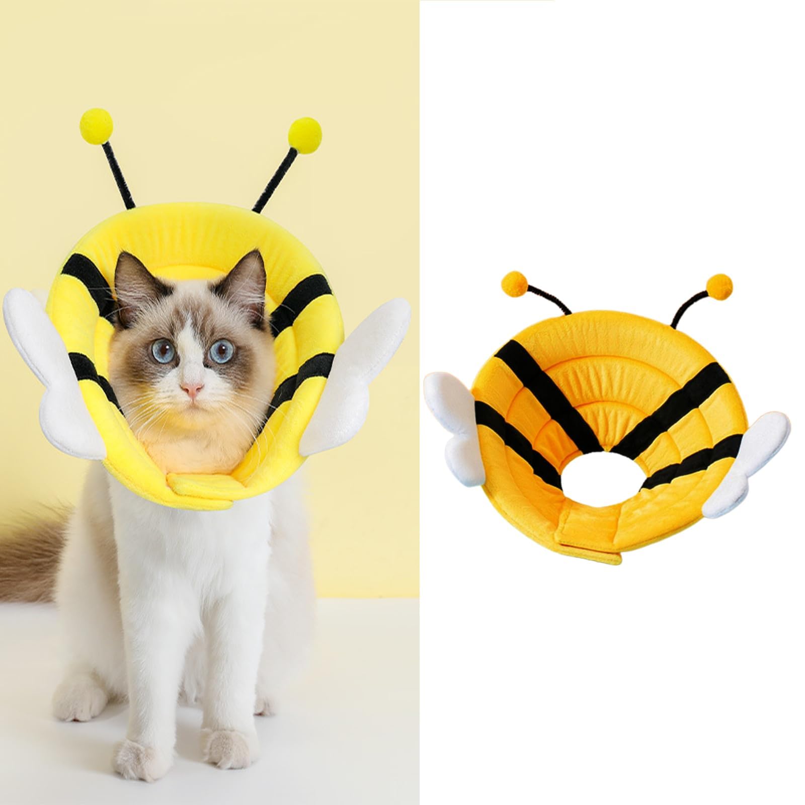 MANON ROSA Cat Cone E-Collar: Soft After Surgery Elizabethan Collar Adjustable Cute Animal Design for Dogs Cats Puppies Kittens Rabbits Bunnies Prevents Licking (Bee,S)