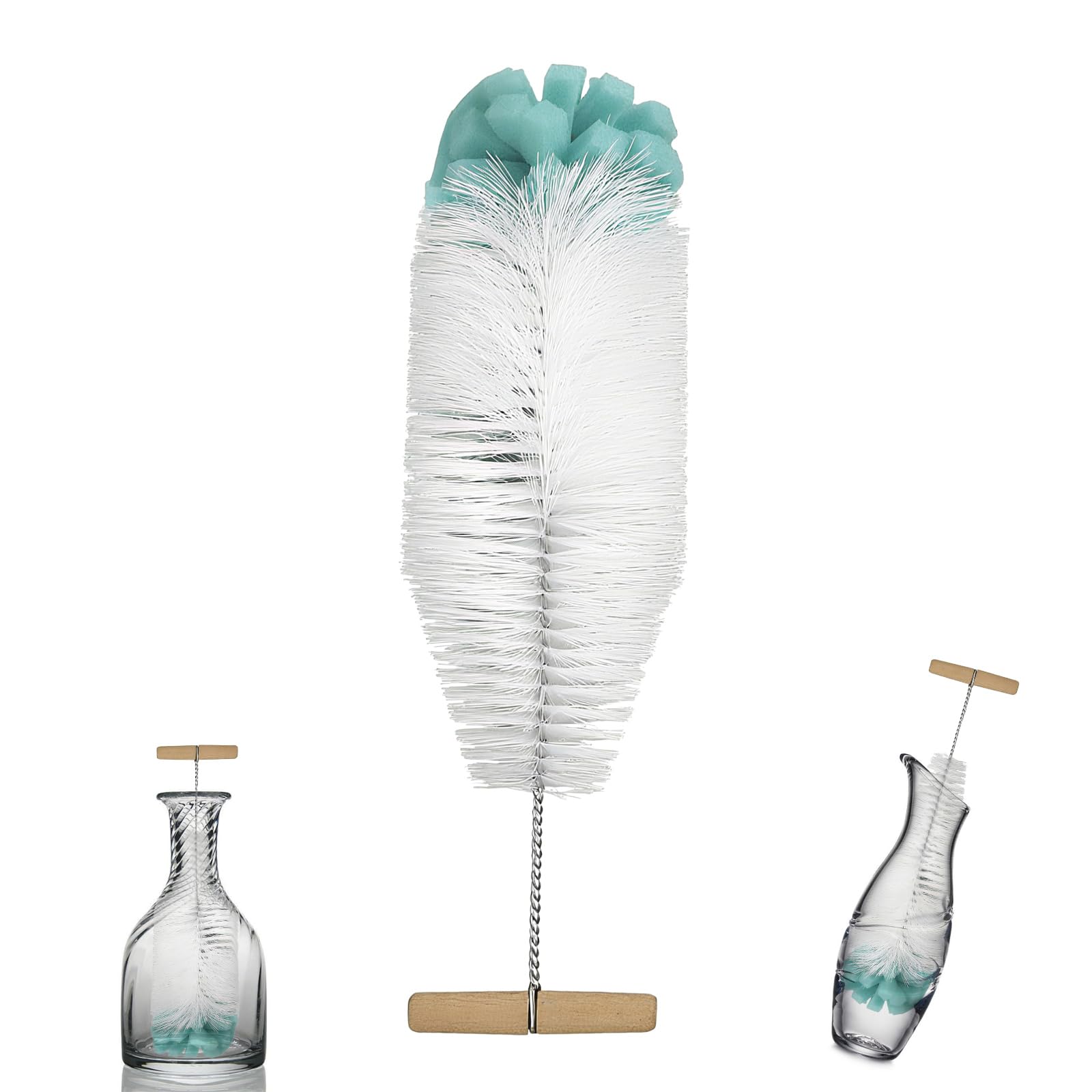Bottle Brush Long 32 cm, Bottle Cleaner Brush with Ergonomic Handle and White Bristles + Green Sponge, Ideal for SodaStream Bottles (Glass/Plastic), Powerful Cleaning, SodaStream Brush