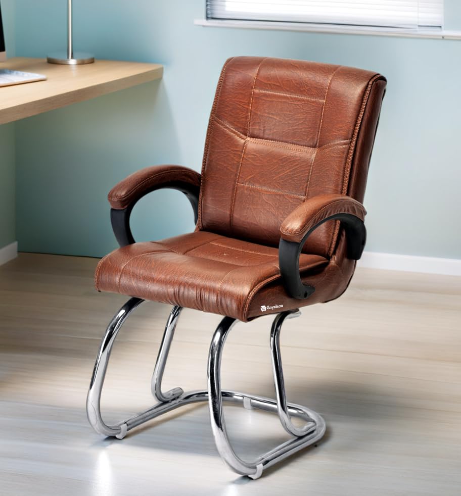 Image of Special Director Principal Office Visitor Study with arm Rest and Cushioned seat Back, Chair Without Wheels, Holds Upto 125 kg Chair (1, Tan, Double Pipe Chrome Frame)