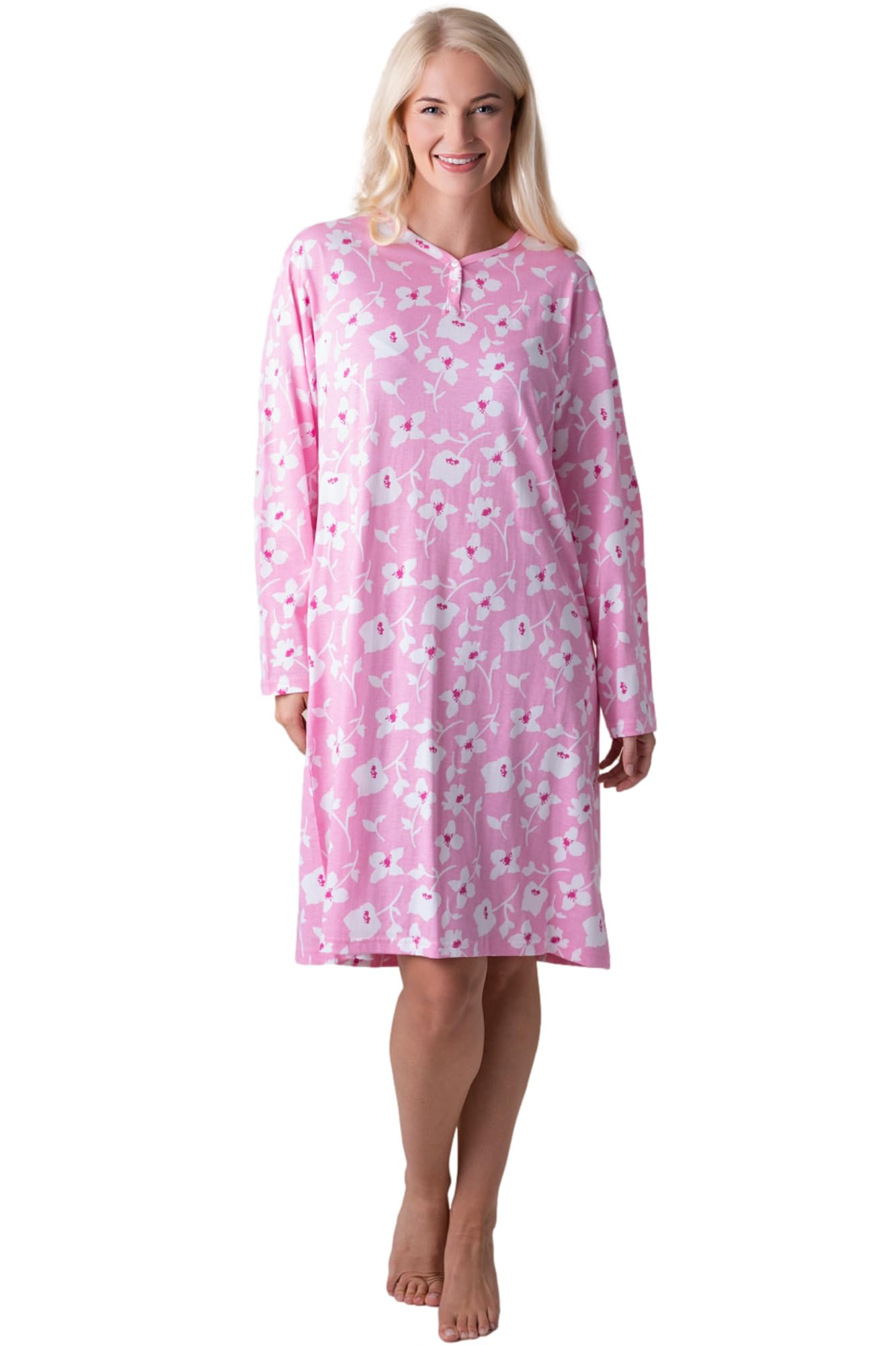 Camille Women's Pink Floral Organic Cotton Nightie - Knee Length Cotton Nightdress | Relaxed Fit Traditional Nighty With Long Sleeves | Flattering Shape Nightwear - 18-20