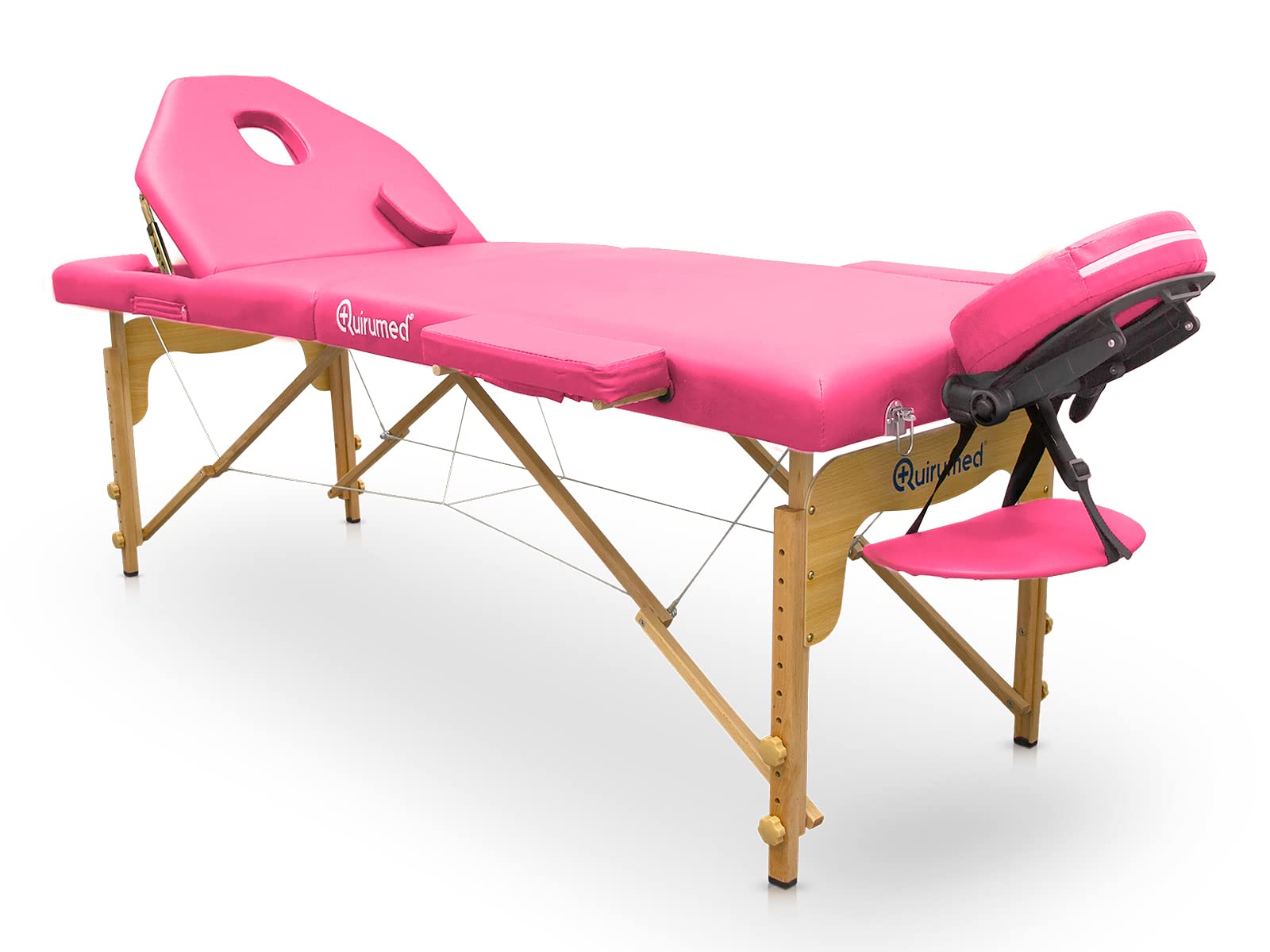 QUIRUMED Camilla Plegable de Madera Pro, 194 x 70 cm, con Respaldo abatible, Color Rosa, Polipiel, Orificio Facial, Cabezal extraíble, Altura Regulable, hasta 150 kg