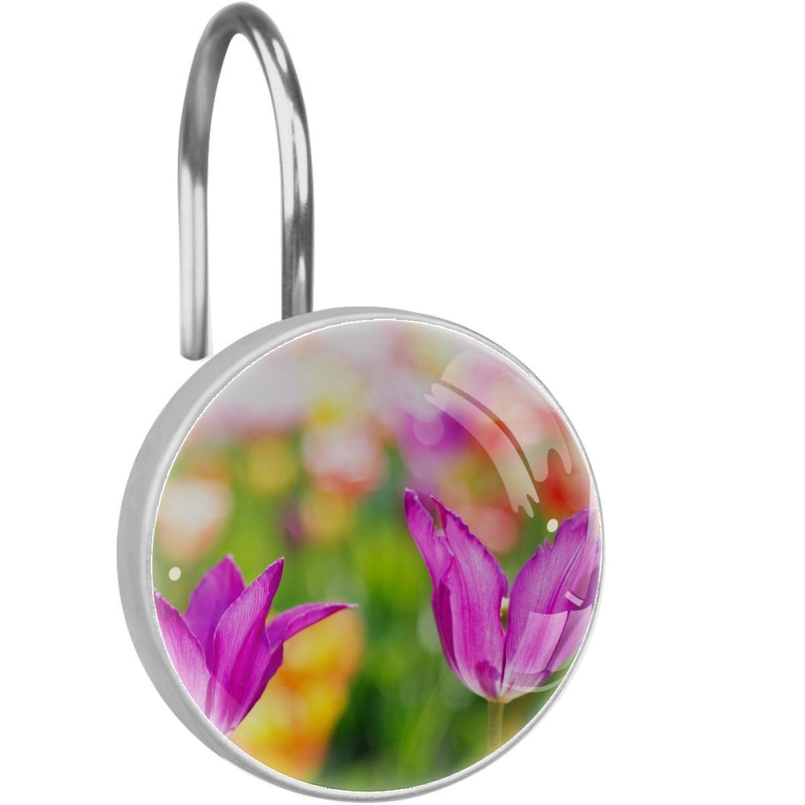 Anneaux de rideau de douche en acier inoxydable motif tulipes rose lot de 12 pièces