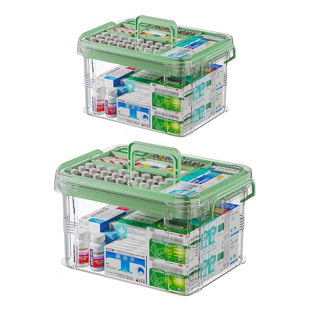 Paquete de 2 organizadores de almacenamiento de medicamentos de plástico transparente, botiquín portátil con asa, caja de medicamentos de doble capa, caja de primeros auxilios multiusos para