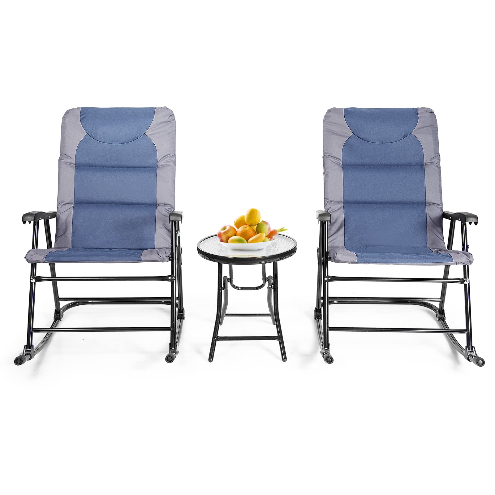 GIANTEX Juego de Mecedora Plegable de Muebles de Balcón, Juego de 3 Piezas con 1 Mesa de Café y 2 Mecedoras, Set de Bistró para Jardín, Tumbona Exterior (Azul)