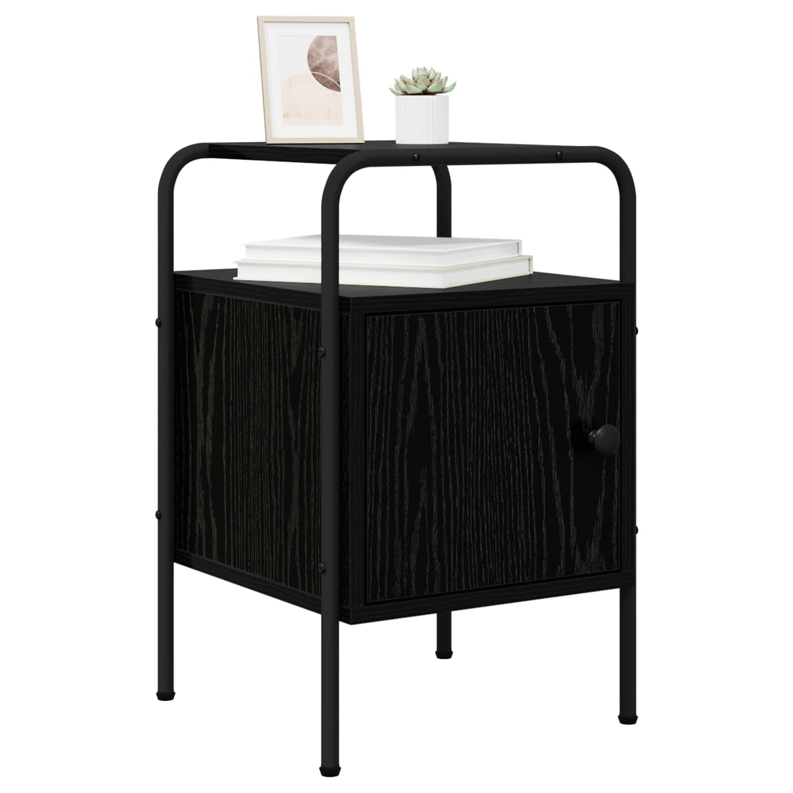 Armadio da Notte 2 pz Rovere Nero in Legno ingegnerizzato con Telaio in Acciaio, 35x36,5x56 cm, Mobiletto con Anta e Ripiano, Comodino Salvaspazio per Camera da Letto e Soggiorno