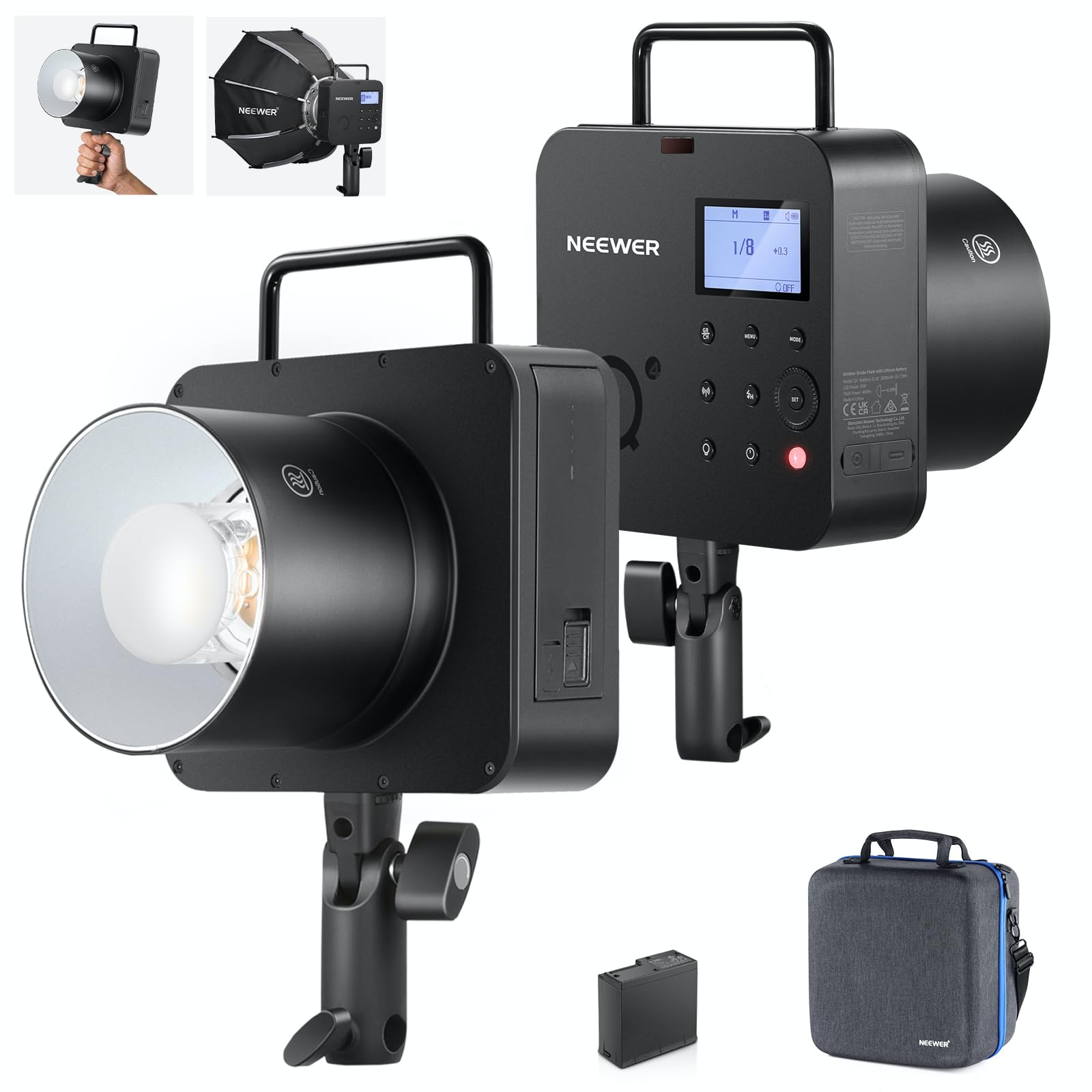 NEEWER Q4 400Ws 2,4GHz TTL Flash Studio extérieur(Nouveau Design) Compatible avec Godox,1/8000s HSS/2800mAh/Lampe Pilote 30W/Flash 400Ws à Pleine Puissance
