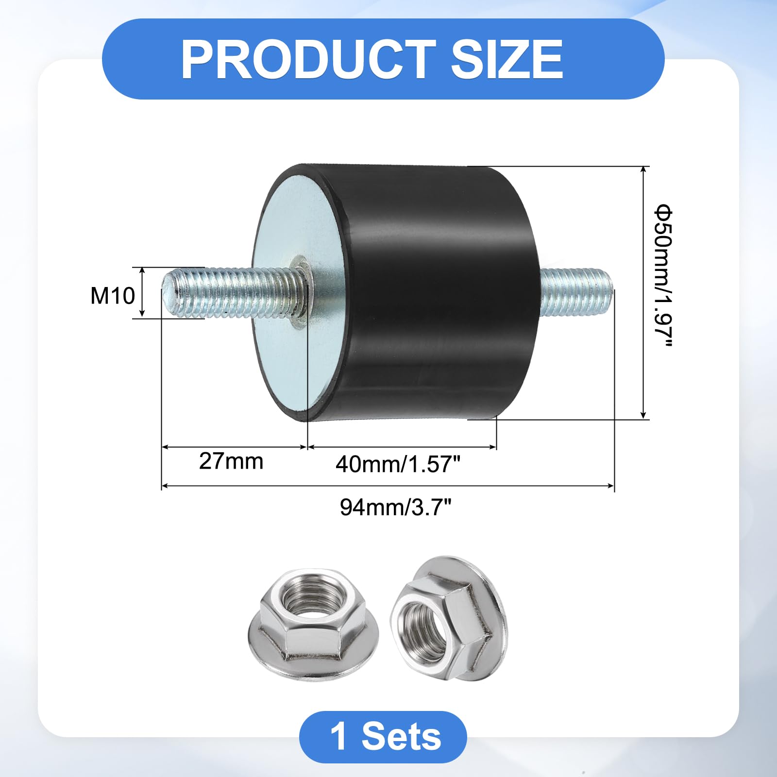 QUARKZMAN 1 Stück Gummipuffer M10 x 27mm, 40 x 50mm Gummifuß Mit Schraube Naturgummi Verzinkter Stahl Antivibrationspuffer für Luftkompressoren Pumpen Motoren Industriemaschinen