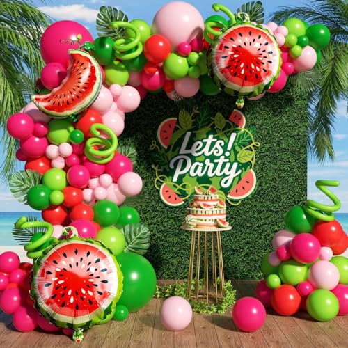Watermelon Balloon Arch Garland Kit With Hot Pastel Pink Lime Green Red Watermelon Balloons For Summer One In A Melon Birthday Party Decorations