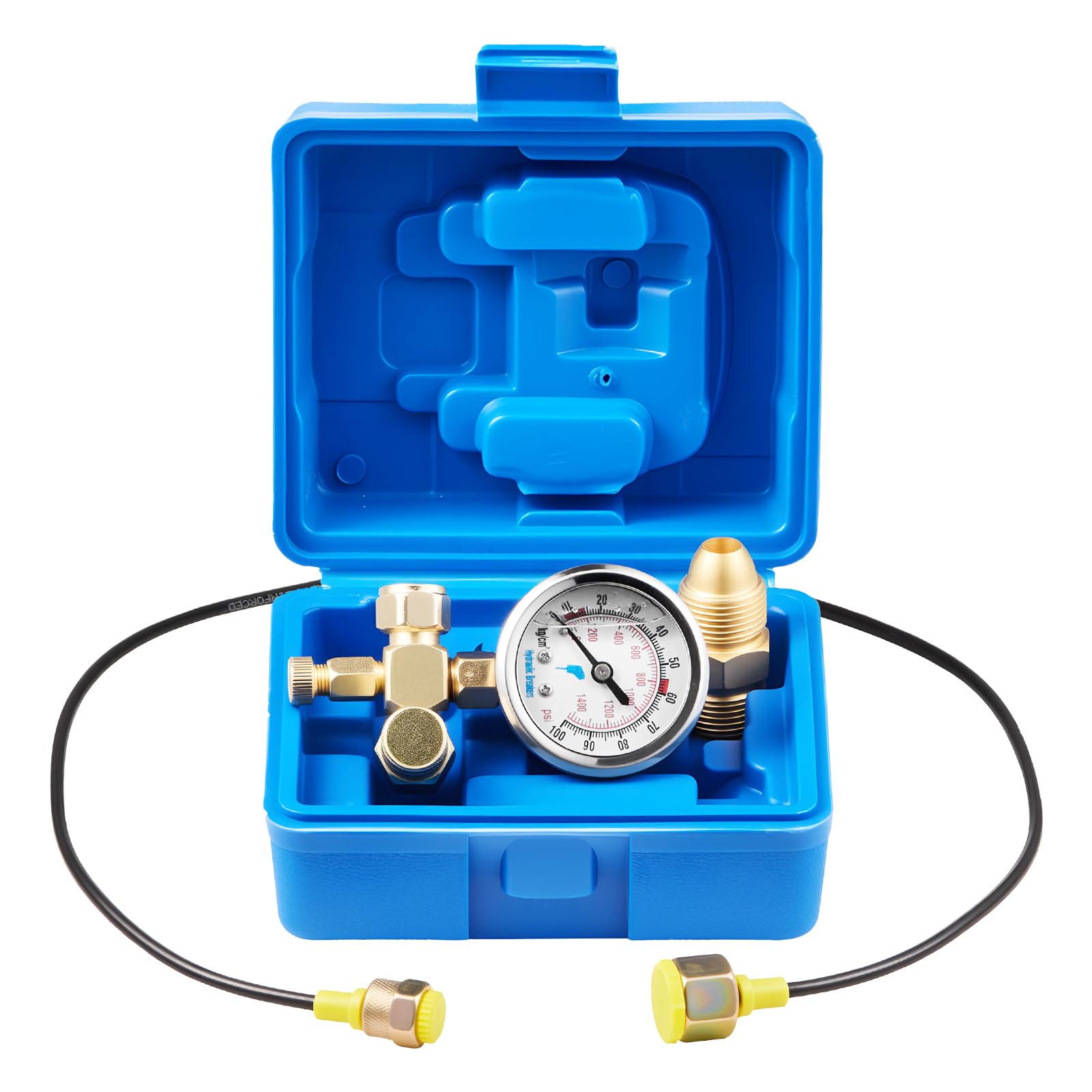 VEVOR Kit de Gonflage d'Accumulateur d'Azote Hydraulique 0-1420 PSI, Coffret Test de Pression avec 1 Manomètre, 1 Tuyau de Gaz, 1 Corps de Vanne et 1 Adaptateur CGA580, pour Construction Chantier