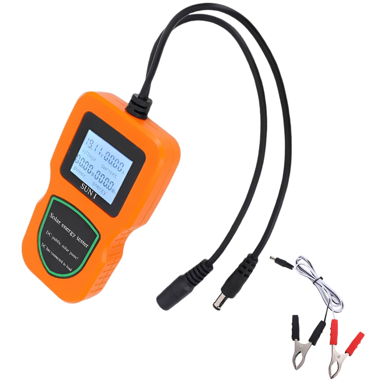 Tester per pannelli solari, 500 W, multimetro fotovoltaico LCD arancione, ampio raggio 5 W-500 W, display corrente di tensione, retroilluminazione, include clip di alimentazione, per analisi