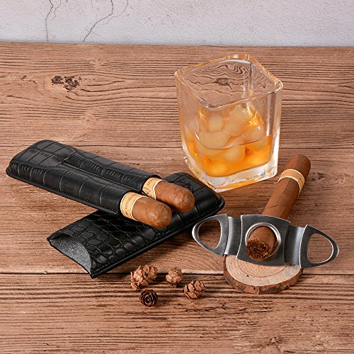 Volenx Travel Cigar Case for 2 Cigars, Leather Humidor Cigar Case with Stainless Steel Cigar Cutter(Black)