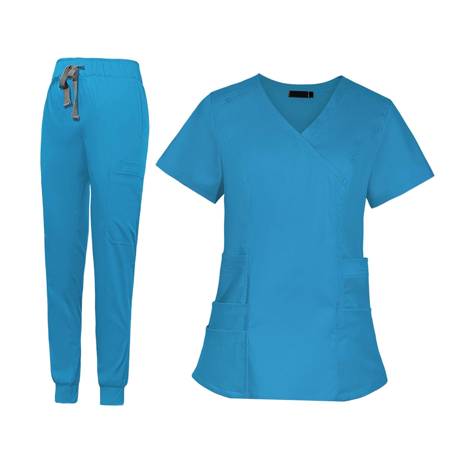 Colcolo Pflegeuniform Damen Kasack Jogginghose Set Arbeitskleidung V Ausschnitt Kurzarm Oberteil Mehrfachtaschen Elastischer Bund Atmungsaktiv Fü, Blau, l