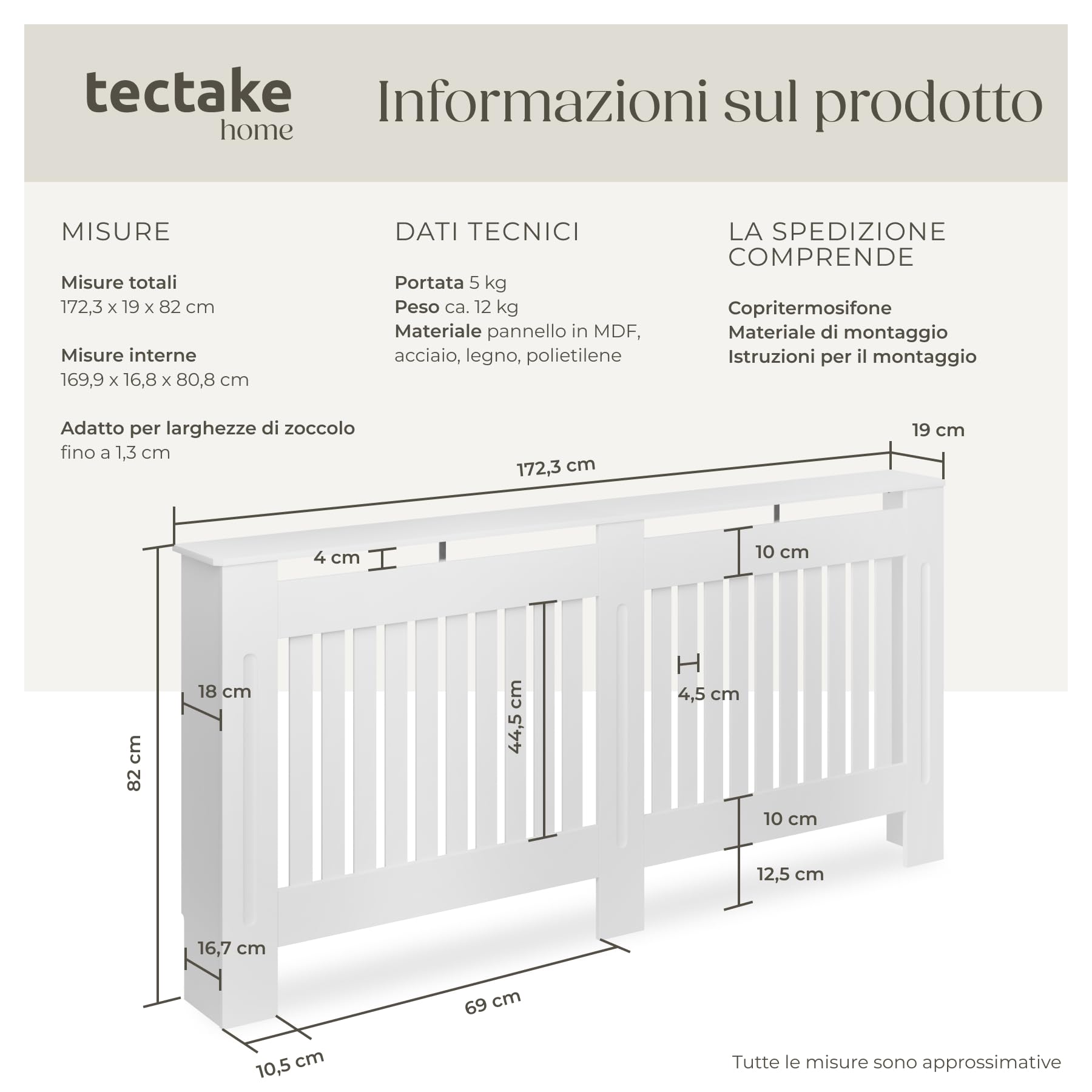 tectake® Copri Termosifoni con Ripiano, Copricalorifero Design a Lamelle, Copritermosifoni con Aperture per Circolazione Aria, Copertura Radiatori con Mensola da Termosifone, 172,3x19x82 cm- Bianco