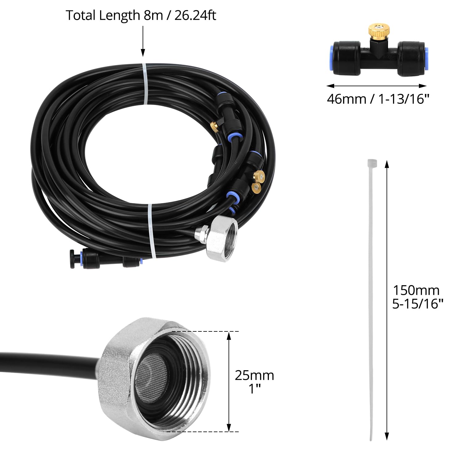 QWORK® Système de Brumisateur Exterieur, 8m Ligne de Brumisation Kit avec Buses de Brumisation Laiton et G3/4 Connecteur, pour l'irrigation de Terrasse, Jardin