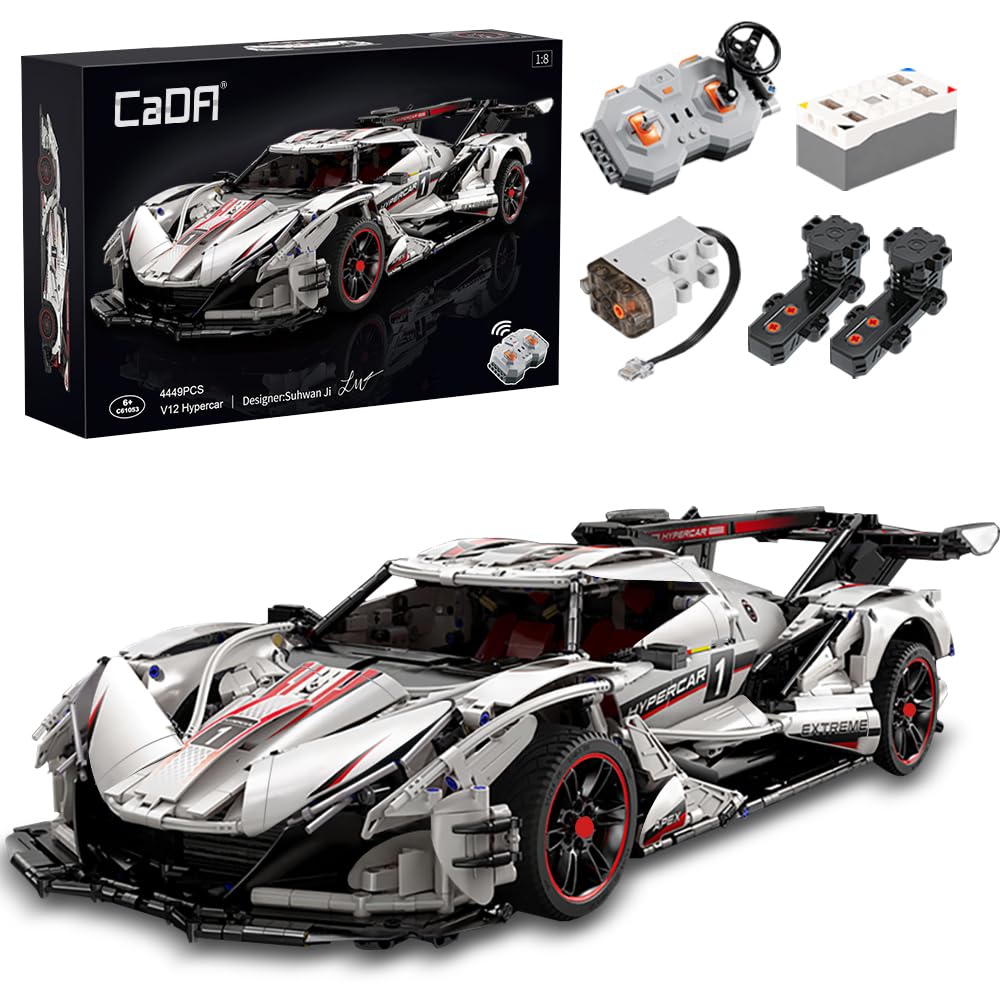 CaDA C61053w 1:8 Technology Sports Car Building Blocks, 4449 Parts v12 Hypercar Apollo IE with 3 Motors, Large Remote Controlled Car Moc Clamping Blocks Kit, for Adults and Teenagers