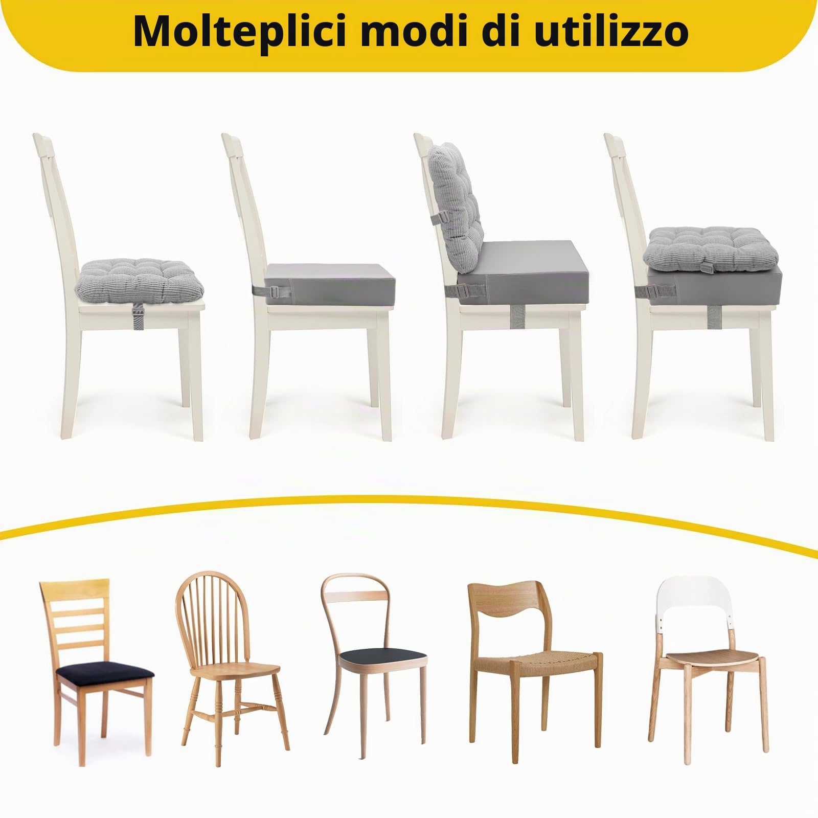 Rialzo Cuscino per Bambini 2 Pezzi, Rialzo da Sedia per Bambini per Sedia Seggiolino Regolabile Lavabile Smontabile con Cinghie Regolabili per Sedia da Pranzo (Grey)