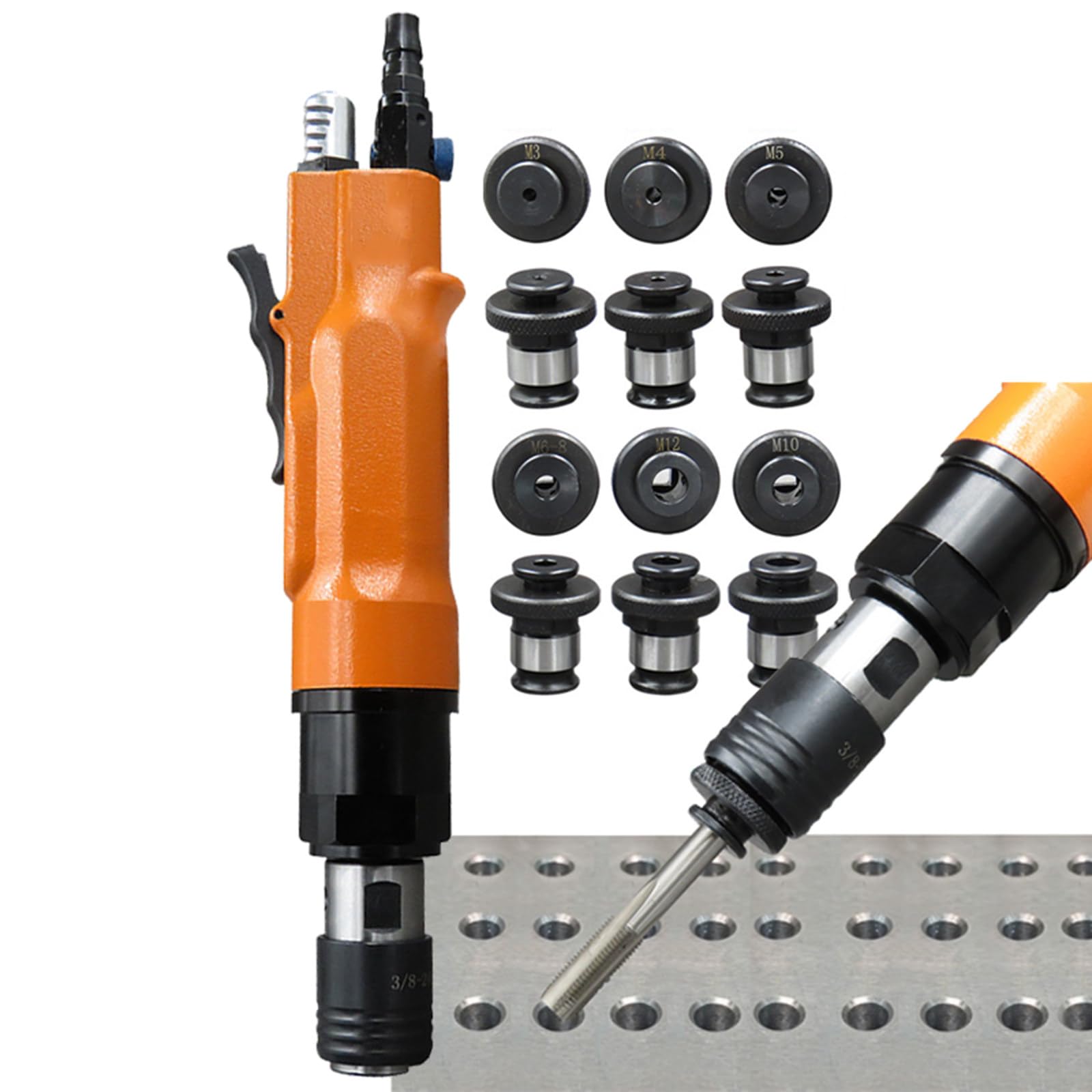 Maschiatrice Pneumatica M3-M12, Maschiatrice per Trapano Pneumatico con Mandrini Autobloccanti da 6 Pezzi, velocità Regolabile 700-2000 Giri/Min, Macchina A Doppio Uso per Foratura/Maschiatura