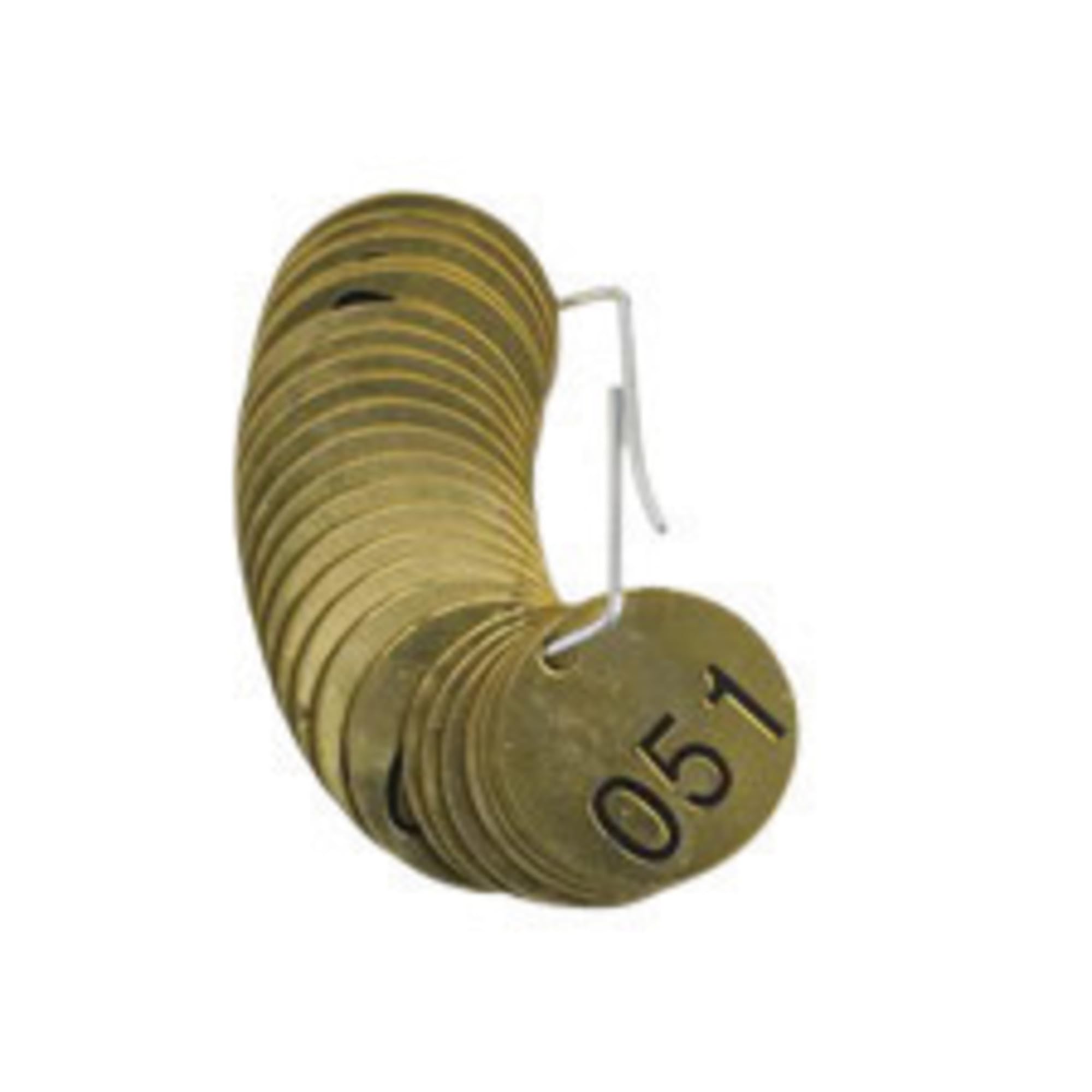 Brady 23202 1-1/2" Diameter, B-907 Brass, Brass Color, Number Sequence 051-075 Round Stamped Brass Valve Tags, Top Line Legend (Blank) (Pack Of 25)