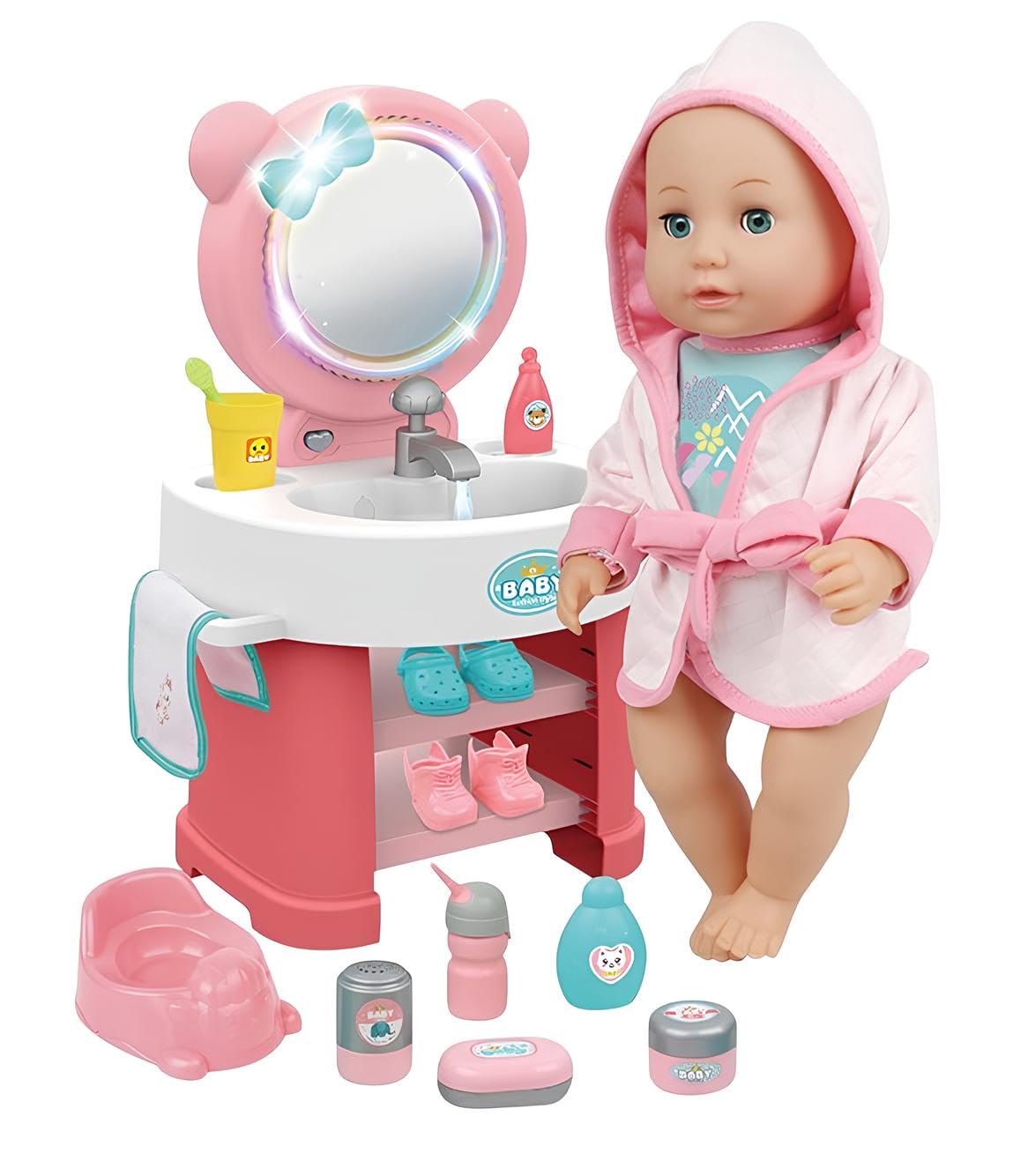 Bambola che Beve e Fa Pipì Parlante con Specchiera Luminosa Sonora Lavandino con Acqua Funzionante Accessori Bagno Vasino Toilette Musica 10 Suoni Gabinetto Bambolotto cm 35 con Specchiera Deluxe