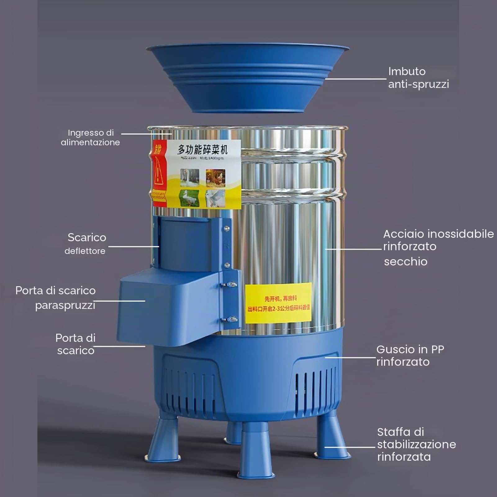 Macinatore Per Mangimi Animali, Mulino Elettrico Commerciale Per Cereali Con Secchio In Acciaio Inox Da 25L, Macinazione Ad Alta Efficienza, Per Triturare Erba Paglia Patate Verdure Frutta(2200W)