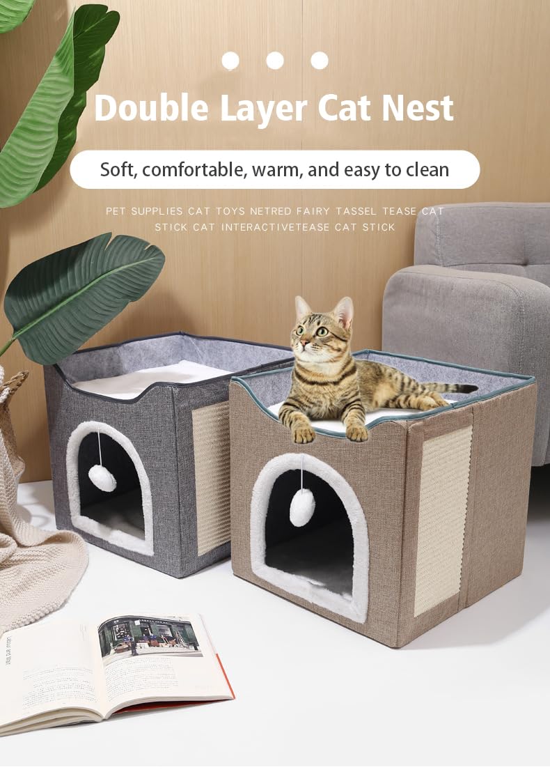 منزل مكعب القطط القابل للطي من السا اس ايه - مخبأ داخلي مع وسادة خدش وكرة ناعمة معلقة وخدش من السيزال - أسرّة كهف كبيرة للقطط، مأوى دافئ للحيوانات الأليفة - 39 × 39 × 33 سم