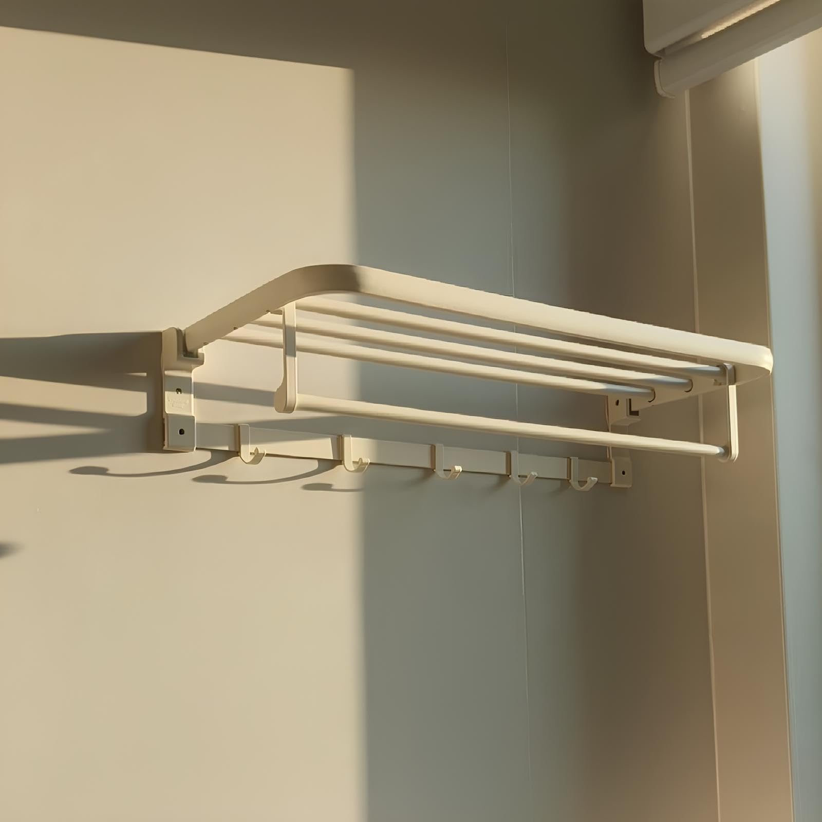 Wall Mounted Bathroom Towel Rack Heavy Duty Space Aluminum Foldable Towel Holder with 5 Hooks Shelf For Bathroom/Kitchen/Laundry Room/Rustproof Waterproof(60cm/23.6in)