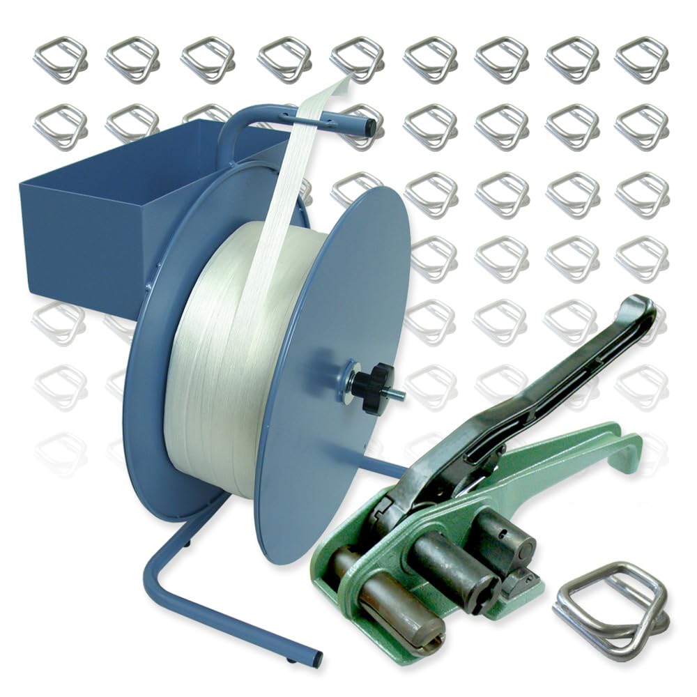 Polyesterband-Set 32-35 mm mit Abrollgerät 250 m Umreifungsband 1350 kg 50 Schnallen