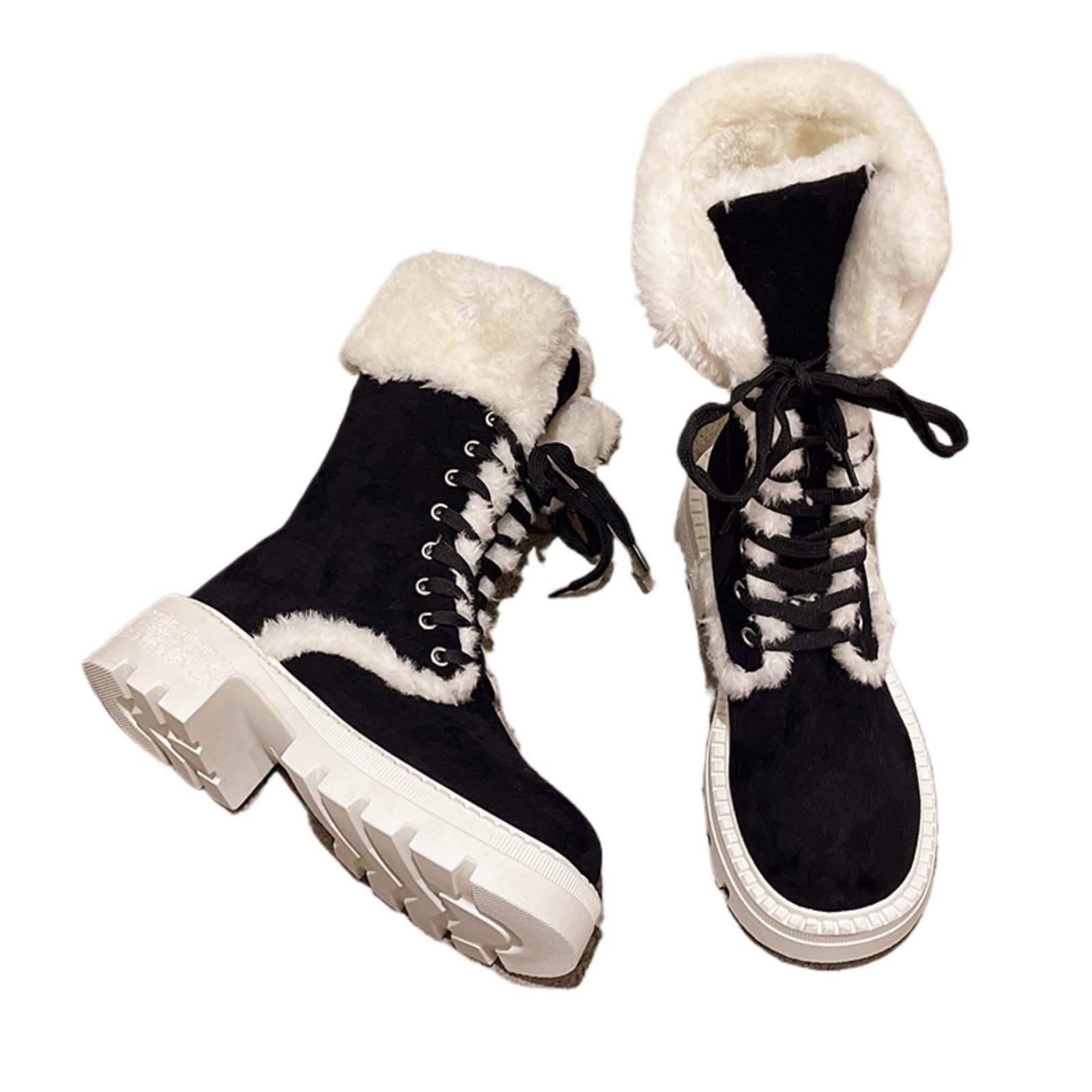 Womens Winter Snow Boots with Fur Lining Chunky Heel Lace-Up Mid Calf Boots for Warmth and Comfort Black
