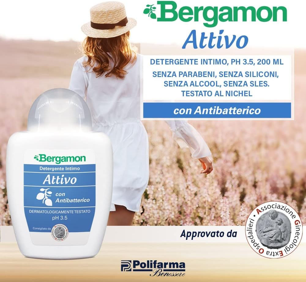 8x Bergamon Detergente Intimo Attivo - Bergamotte Aktiver Intimreiniger pH 3,5, 200ml + Beni Culinari Kostenloser Schlüsselanhänger