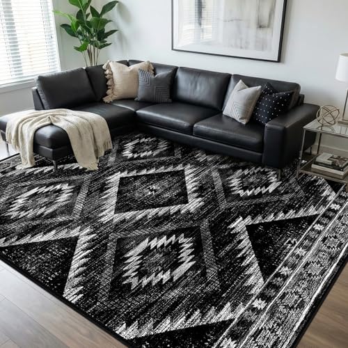 BESTSWEETIE Area Rug 8x10 Rug Machine Washable Non-Slip Low Pile Print Pattern Western Rug for Living Room Bedroom Entryway Tribal Series -Black