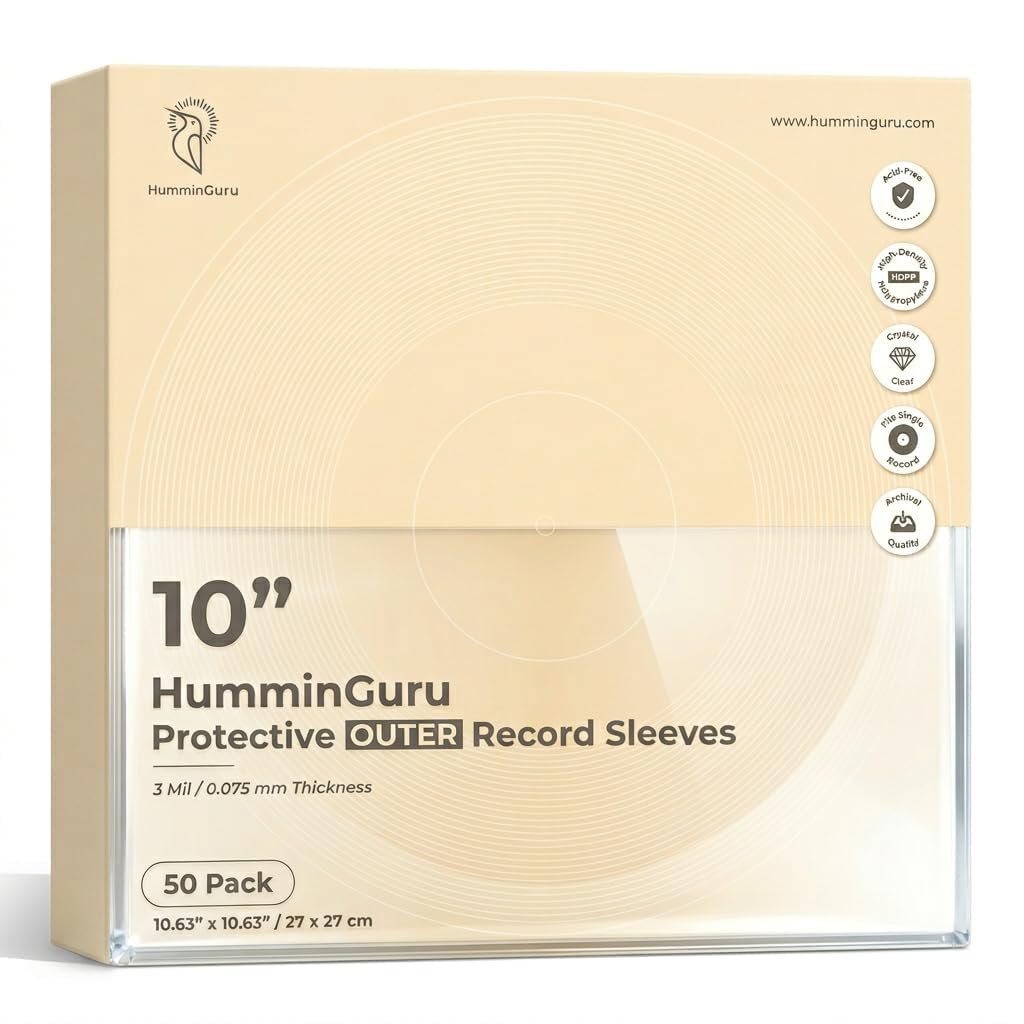 HumminGuru Vinyl Record Outer Sleeves (10" High-Density Outer Sleeves) | Archival Crystal Clear Protective Outer Vinyl Sleeves for Single & Double LP Album Covers, Acid-Free HDPP, 3Mil, 50 Pack