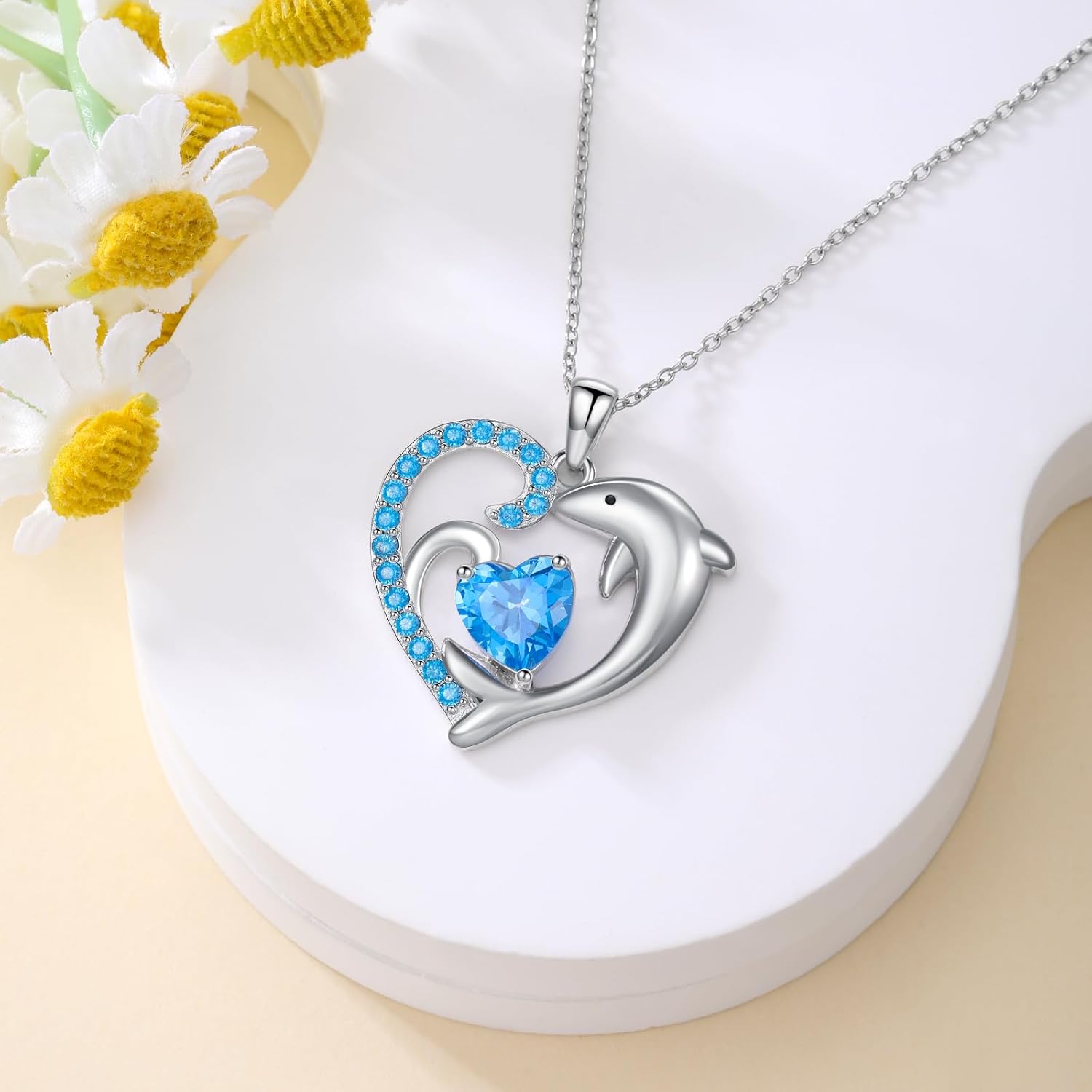 Dolphin Necklace for Women 925 Sterling Silver Blue Topaz Birthstone Dolphin Heart Pendant Jewelry Gifts - Image 4