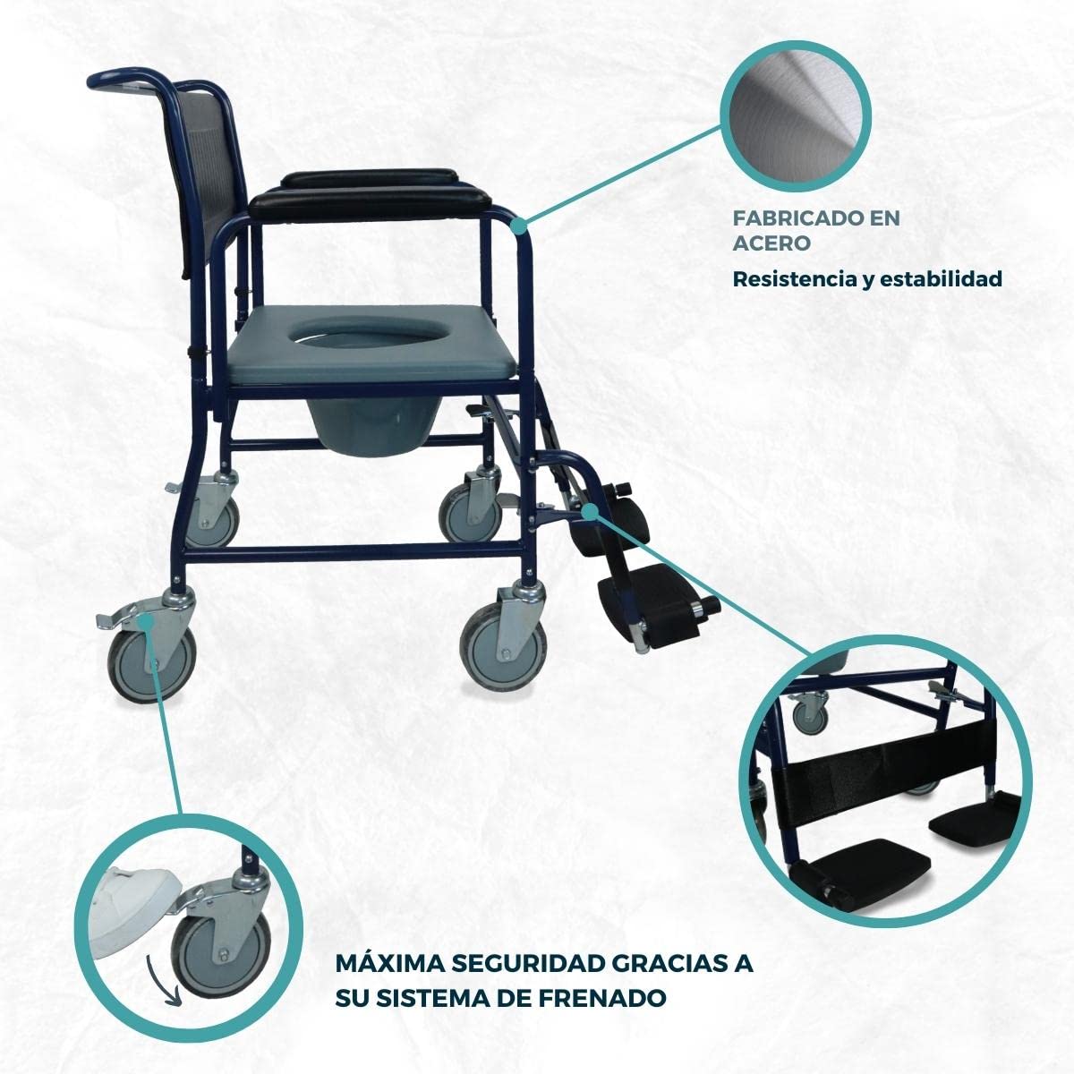 Mobiclinic®, Silla con wc, Tapa, Ruedas para fácil transporte, Sistema de frenado, Reposapiés abatibles y extraíbles, Inodoro extraíble, Reposabrazos asiento acolchados, Acero