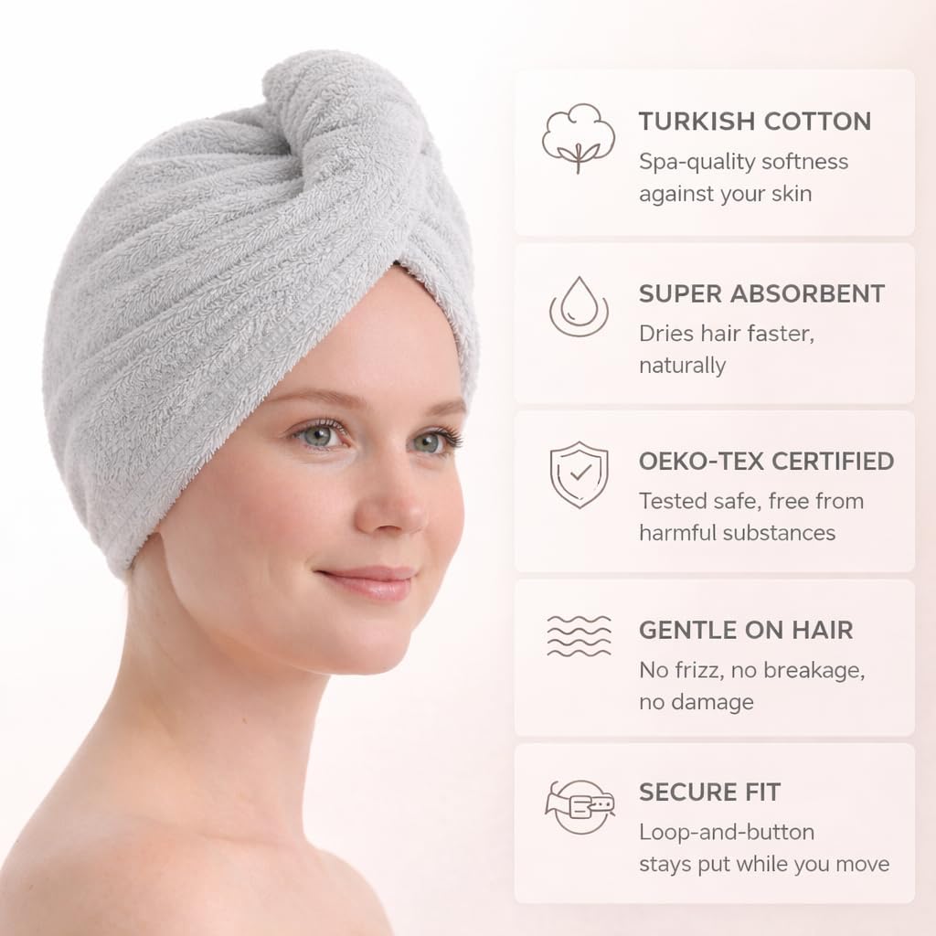 100% Turkish Cotton Hair Towel Wrap 2 Pack – Oeko-TEX Certified Quick Dry Turban for Wet Hair – Soft, Absorbent, Gentle on Curly & Long Hair – 10x26 Inch