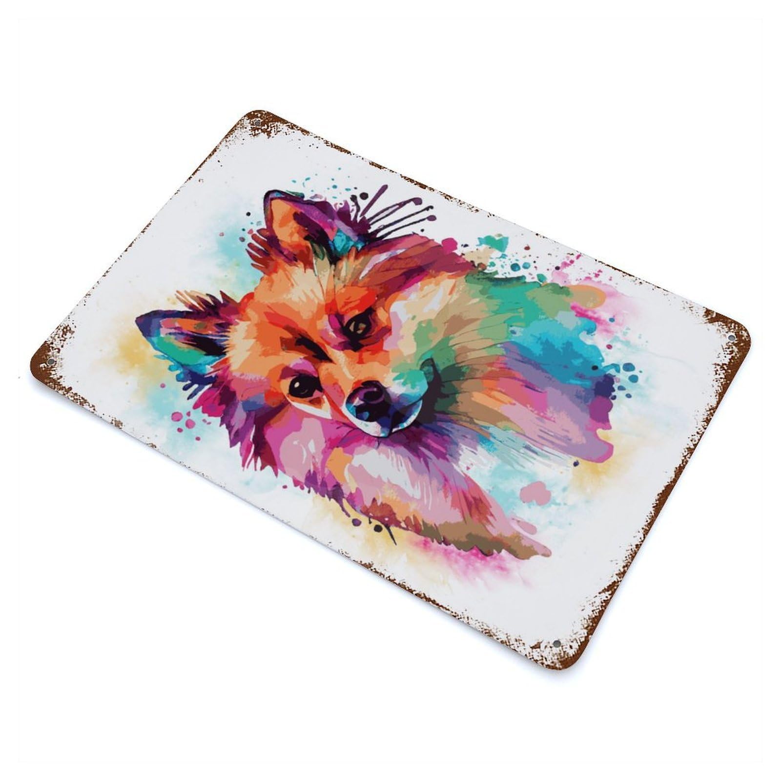 Watercolor Spitz Painting Vintage Rust Metal Sign 11.8"x7.9", Classic Wall Plaque for Basement, Hobby Room And Garage Decor