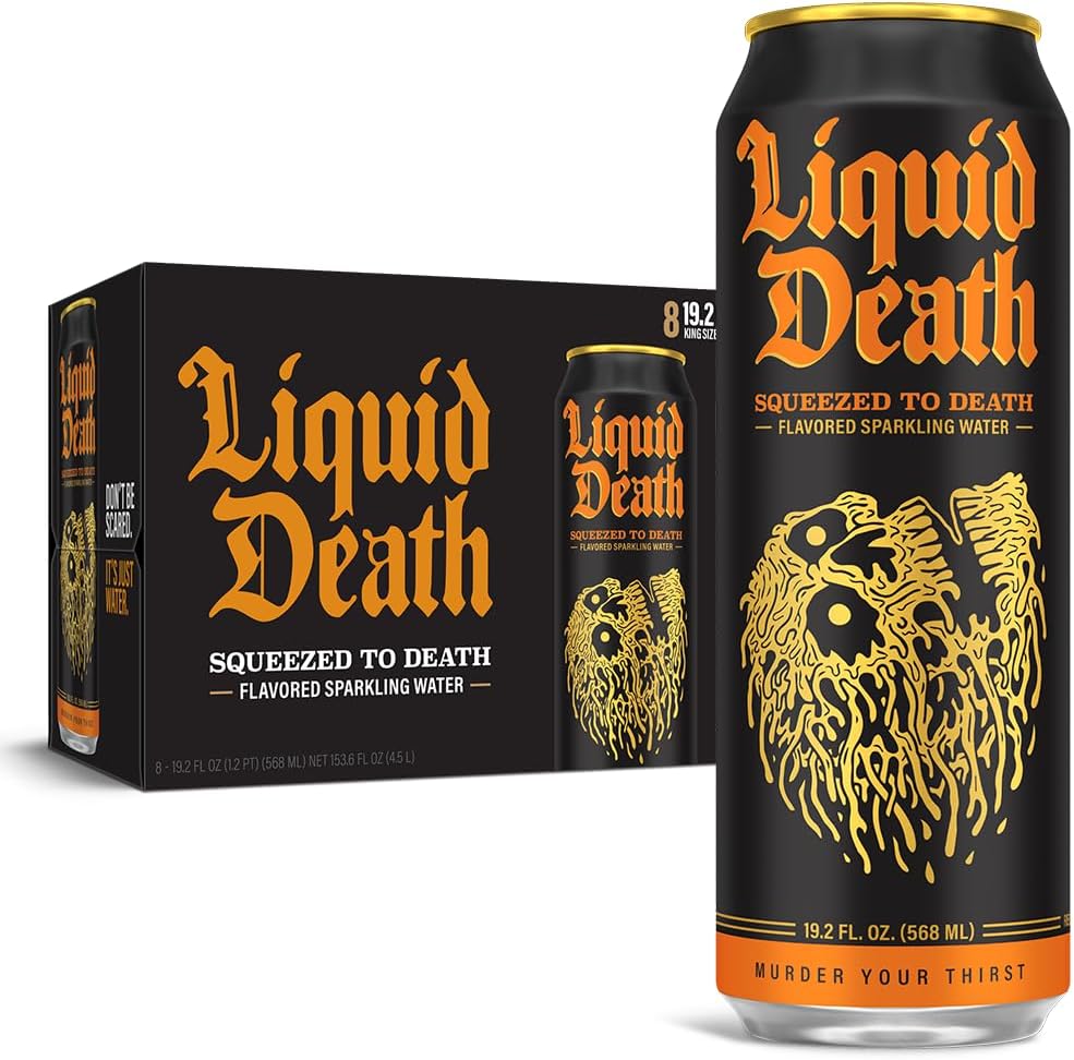 Liquid Death Flavoured Sparkling Water with Agave Death Pressed 19 oz King Size Tins (Pack of 8)