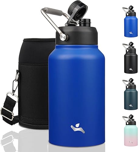 Miniatura 33 de Jarra de medio galón con asa, botella de agua aislada de 64 oz con bolsa de transporte, botella de metal de acero inoxidable de doble pared con Día