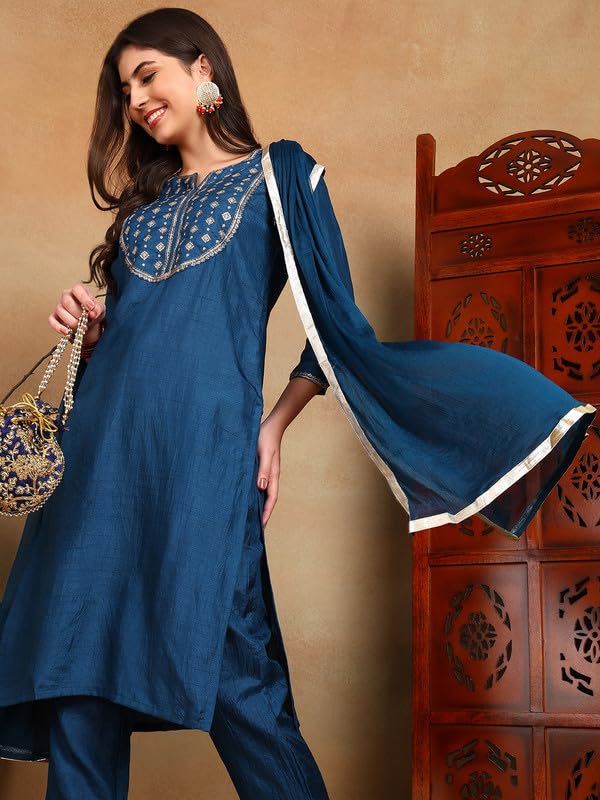 Image of Vaamsi Women's Silk Blend Yoke Design Printed Straight Kurta Pant With Dupatta